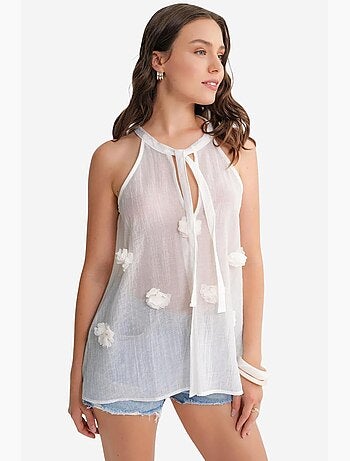 Camiseta sin mangas cuello v con lazada y volantes mixray
