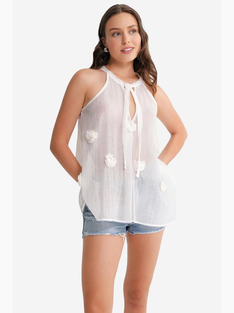 Camiseta sin mangas cuello v con lazada y volantes mixray Blanco - Kiabi