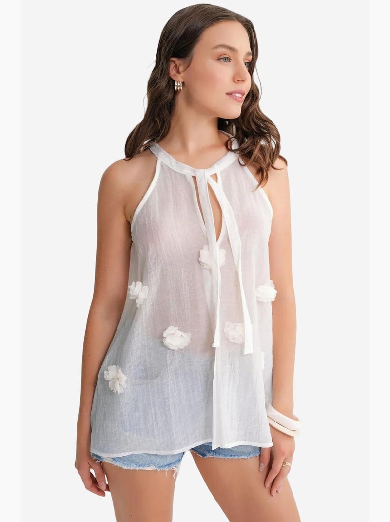 Camiseta sin mangas cuello v con lazada y volantes mixray Blanco - Kiabi
