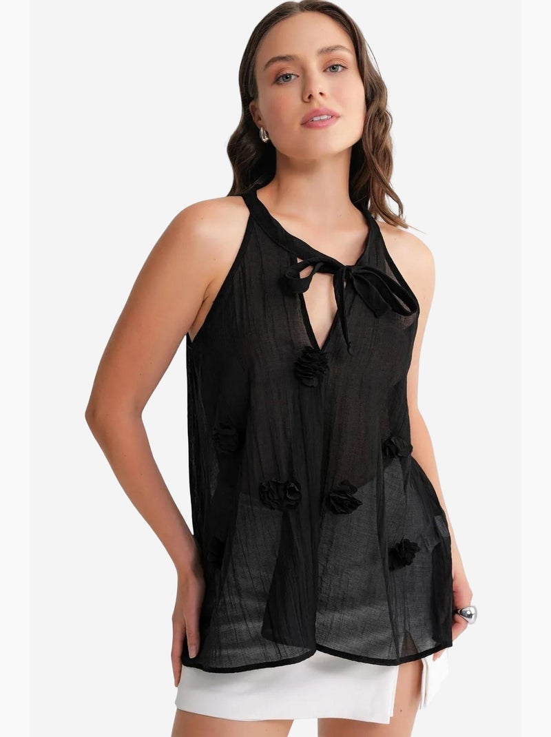 Camiseta sin mangas cuello v con lazada y volantes mixray Negro - Kiabi