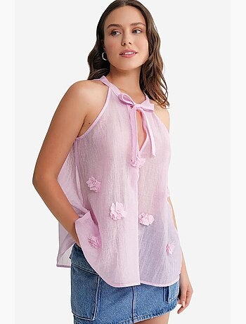Camiseta sin mangas cuello v con lazada y volantes mixray