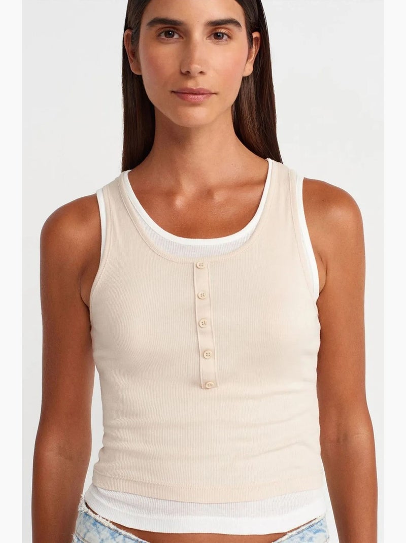 Camiseta sin mangas de algodón acanalada con botones dilvin Beige natural - Kiabi