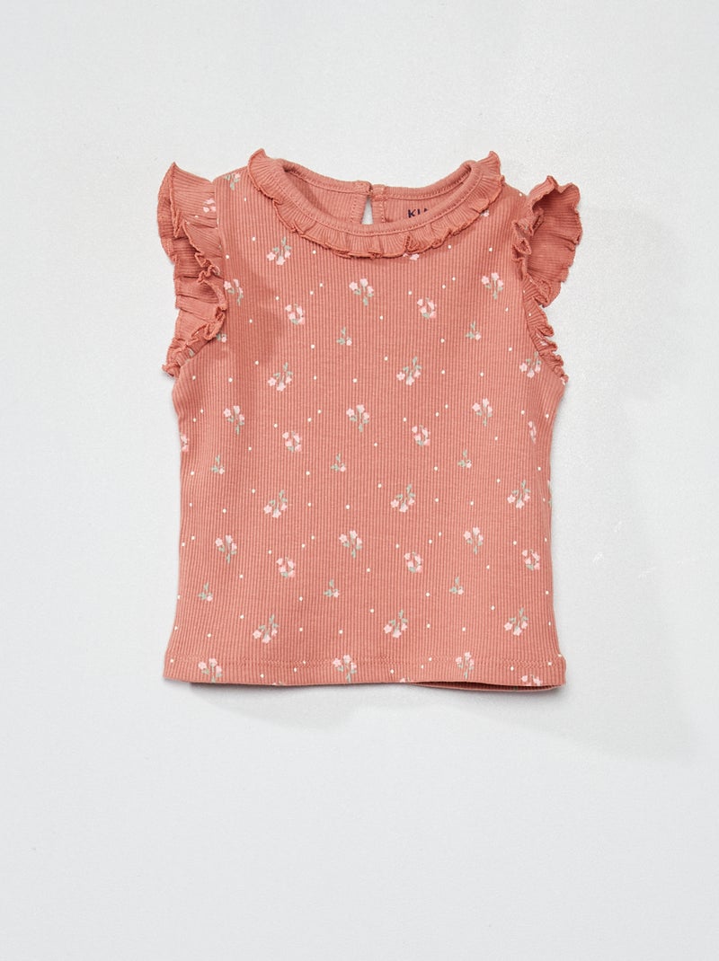 Camiseta sin mangas de canalé con volantes en los hombros ROSA - Kiabi