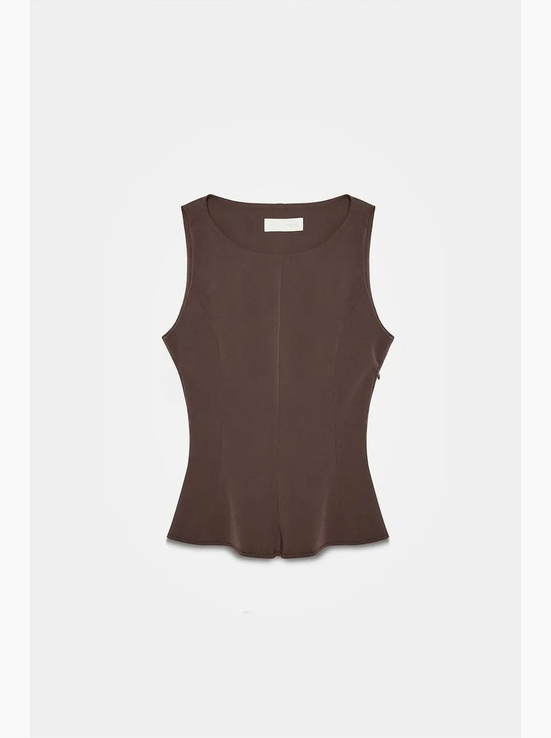 Camiseta sin mangas de crepé con volante peplum dilvin Marrón chocolate - Kiabi