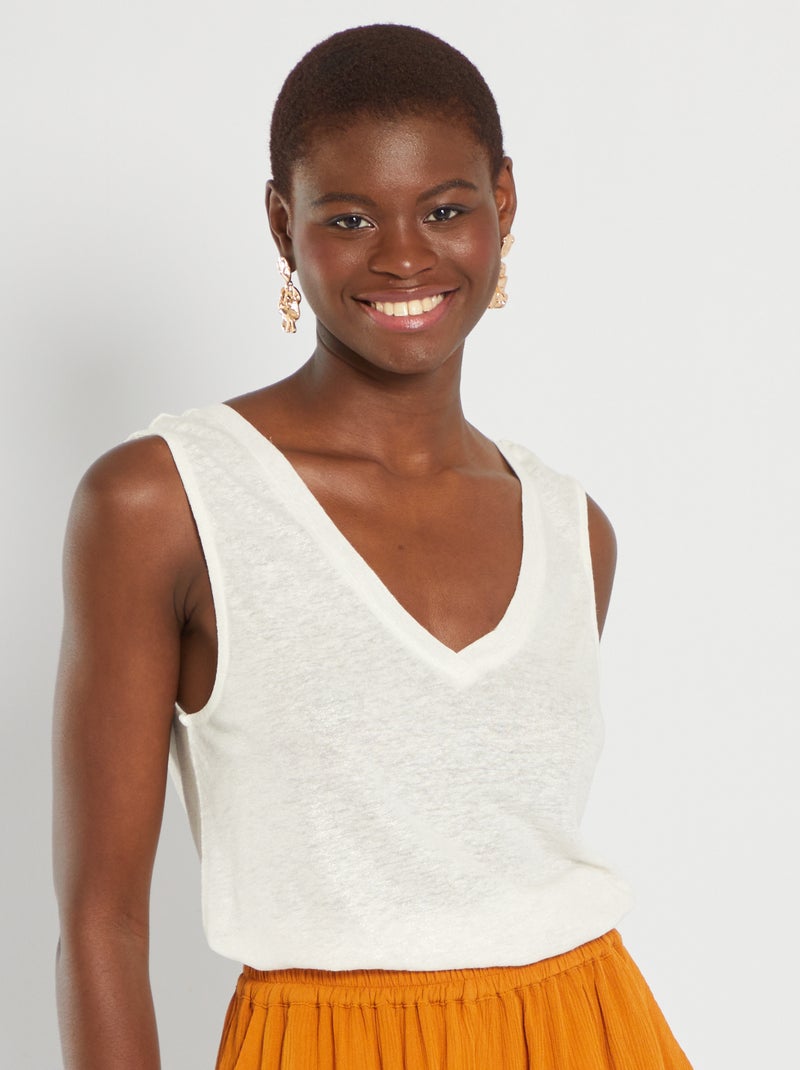 Tops Mujer Camisetas Sin Mangas De Lino Y Algodu00f3n Con Cuello