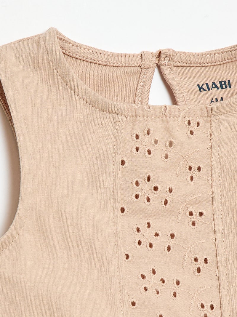 Camiseta sin mangas de punto de algodón con detalles de bordado inglés Beige - Kiabi