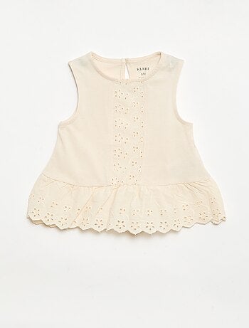 Camiseta sin mangas de punto de algodón con detalles de bordado inglés