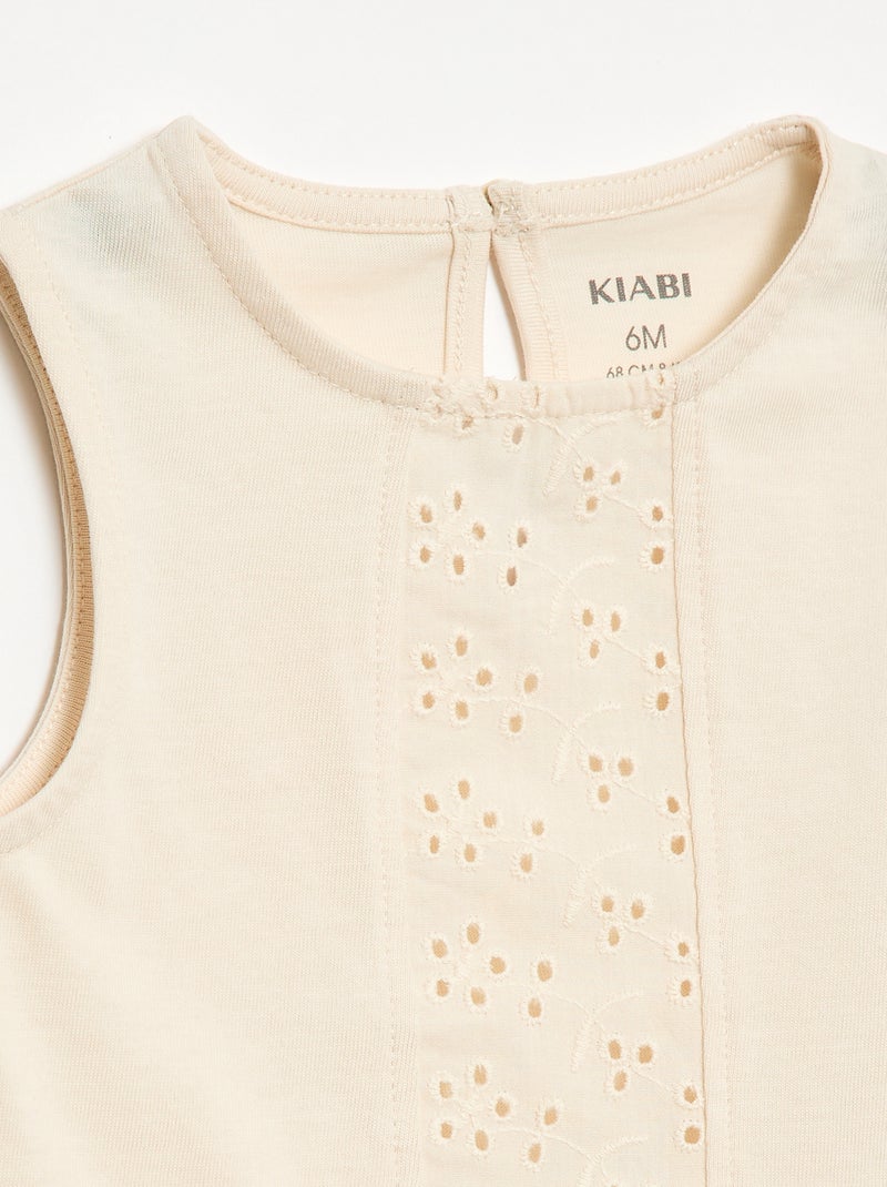 Camiseta sin mangas de punto de algodón con detalles de bordado inglés Crudo - Kiabi