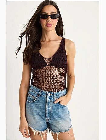 Camiseta sin mangas de punto texturizado cuello redondo detalle de malla lucci