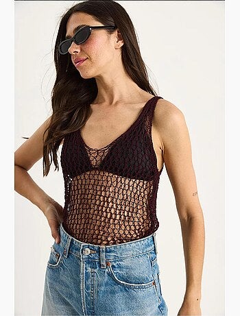 Camiseta sin mangas de punto texturizado cuello redondo detalle de malla lucci