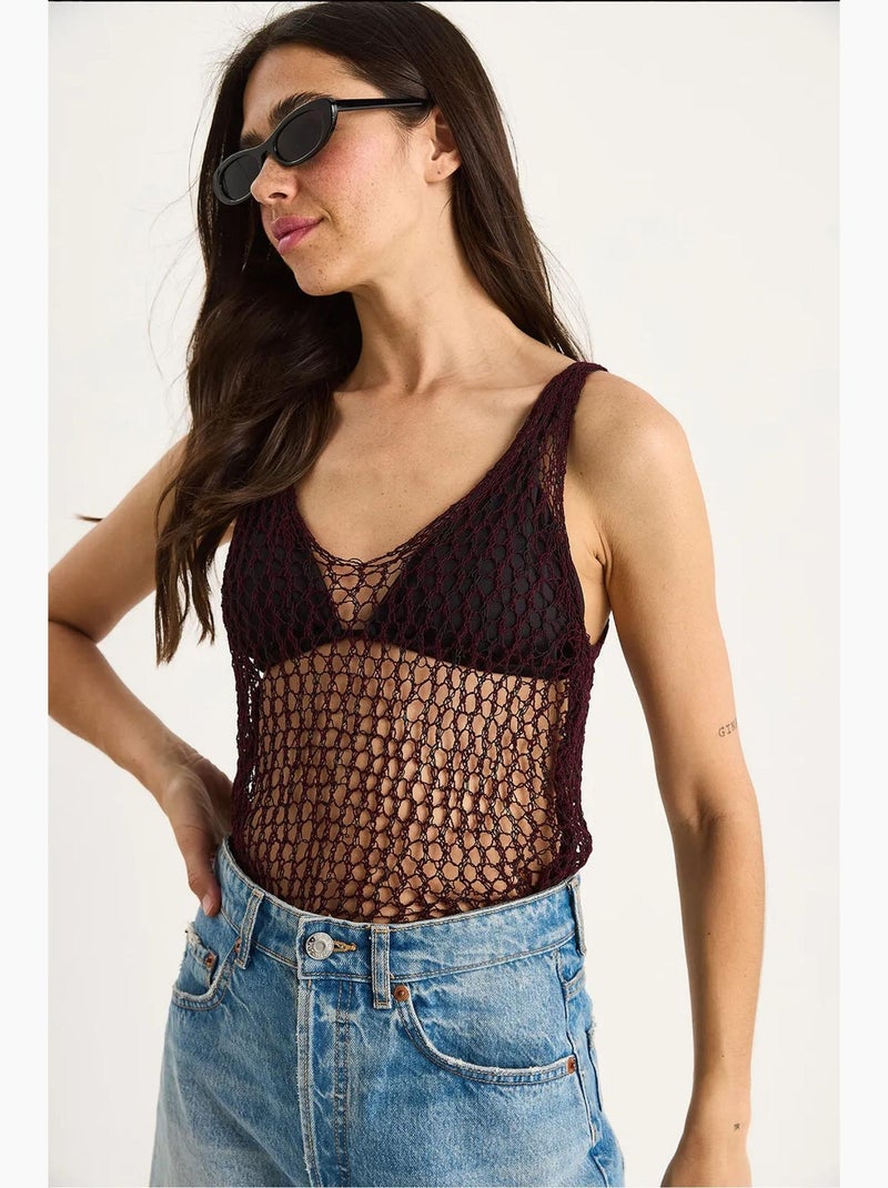 Camiseta sin mangas de punto texturizado cuello redondo detalle de malla lucci Rojo burdeos - Kiabi