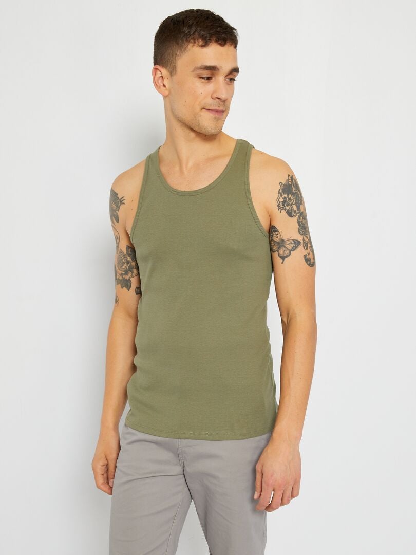 Camiseta sin mangas lisa de canalé verde liquen - Kiabi