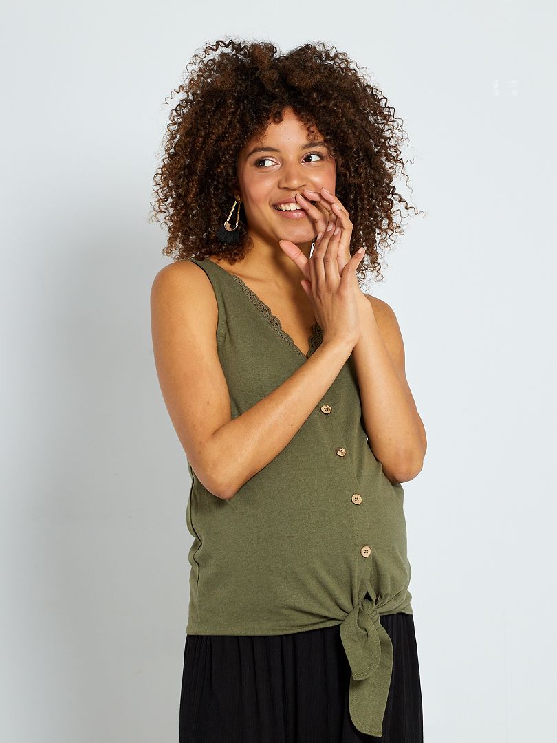 Camiseta sin mangas premamá anudable verde oliva - Kiabi