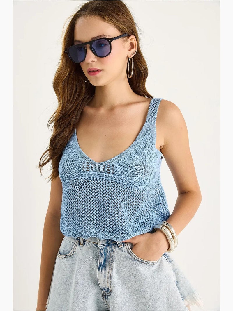 Camiseta sin mangas texturizada escote pico corta ajustada lucci Azul cielo - Kiabi