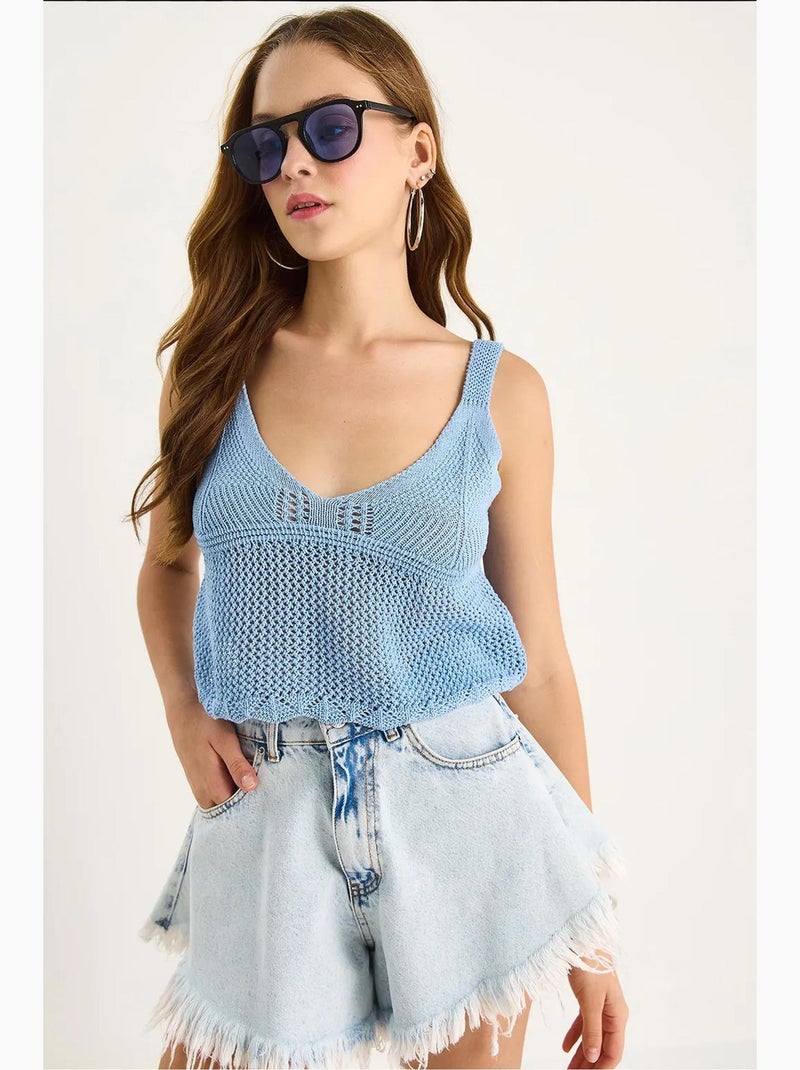Camiseta sin mangas texturizada escote pico corta ajustada lucci Azul cielo - Kiabi