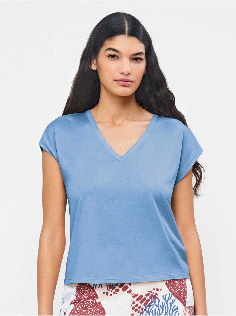 Camiseta sisa con escote pico en algodón y modal Azul - Kiabi