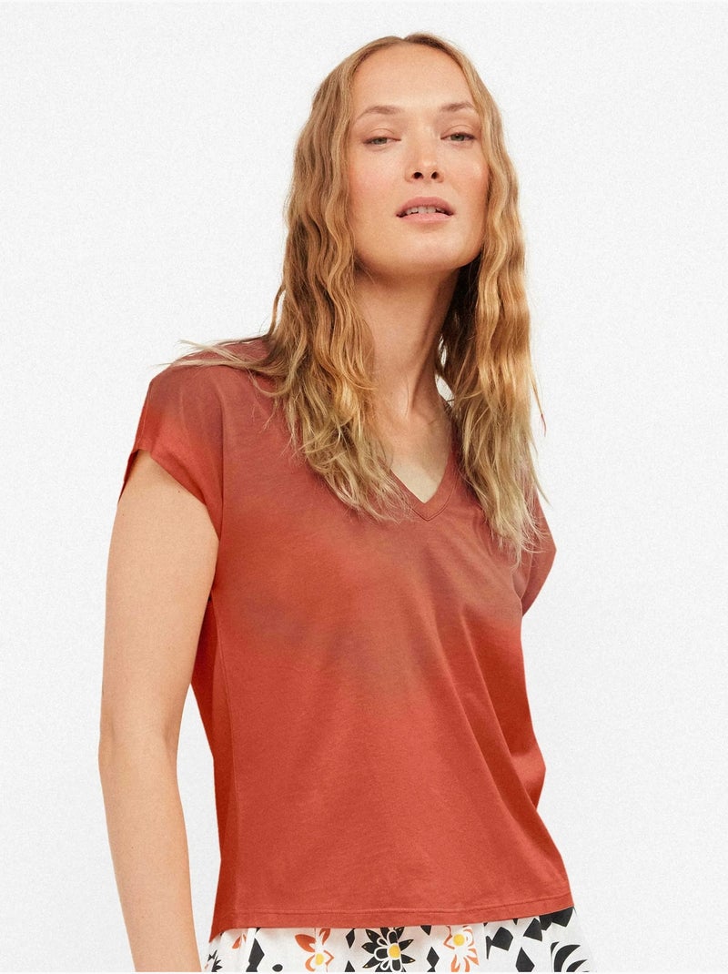 Camiseta sisa con escote pico en algodón y modal Terracota - Kiabi