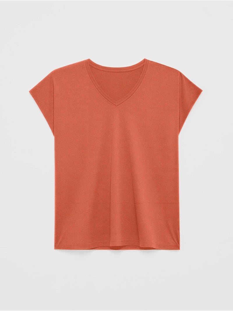 Camiseta sisa con escote pico en algodón y modal Terracota - Kiabi