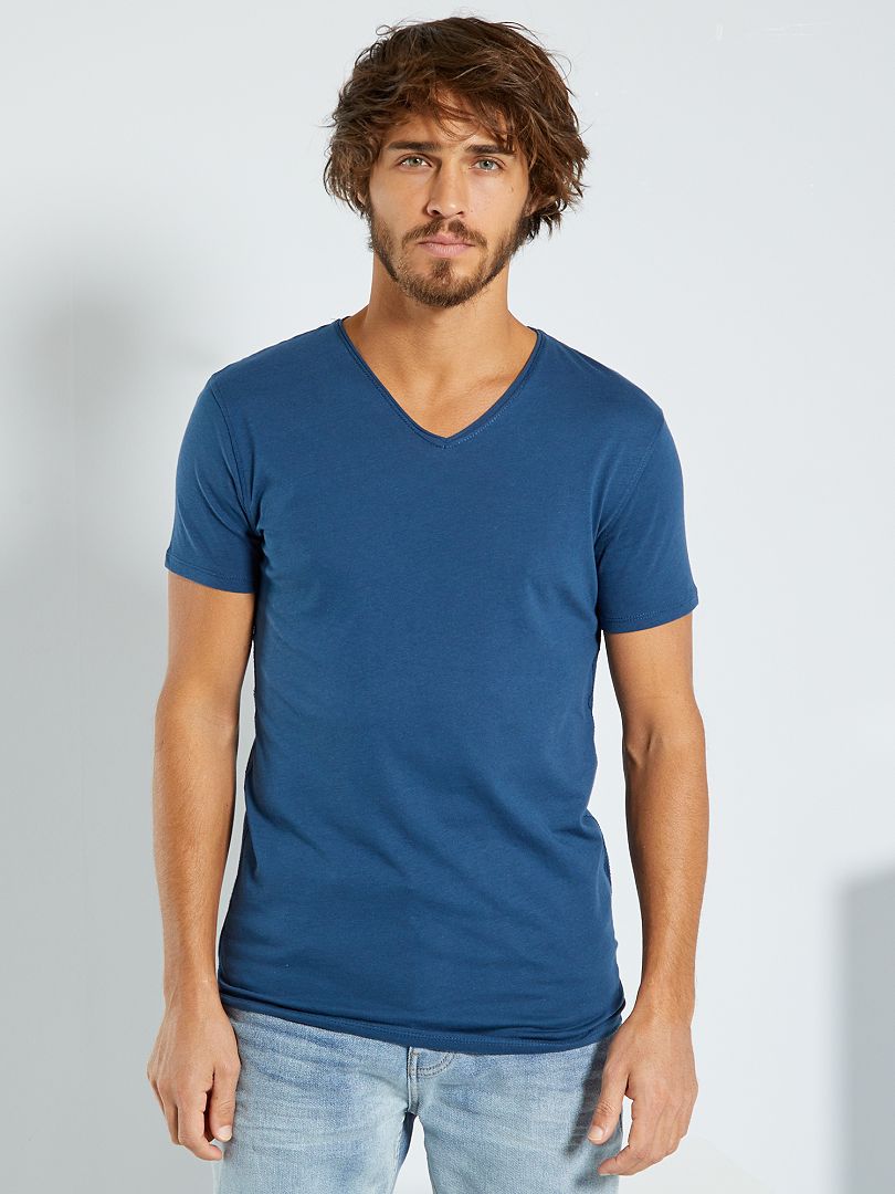 Camiseta slim con cuello de pico AZUL - Kiabi