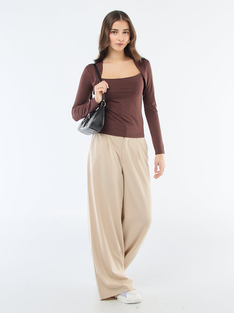 Camiseta stretch lisa de manga larga y cuello cuadrado Marron - Kiabi