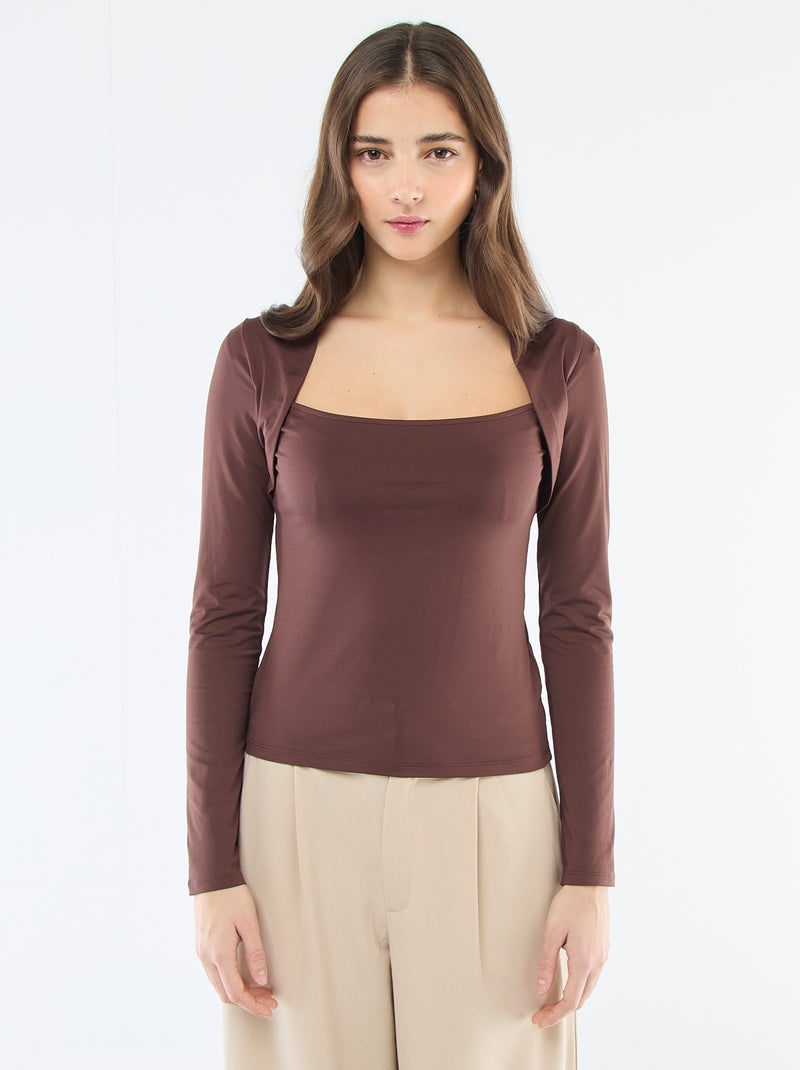 Camiseta stretch lisa de manga larga y cuello cuadrado Marron - Kiabi