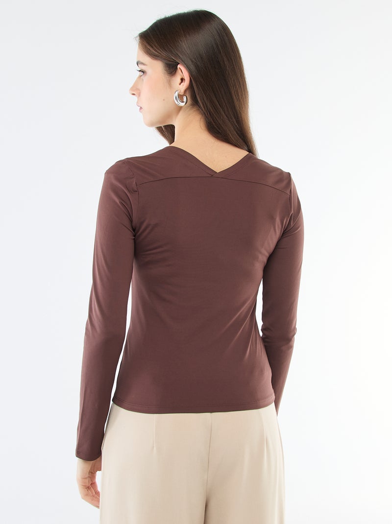 Camiseta stretch lisa de manga larga y cuello cuadrado Marron - Kiabi
