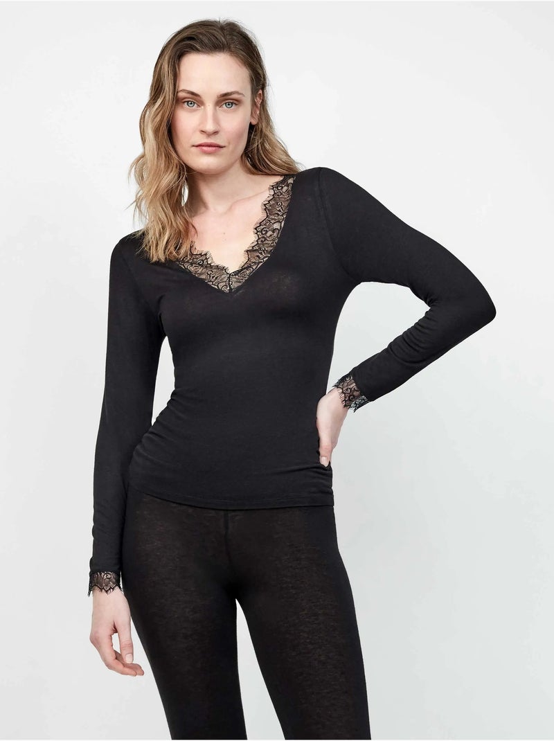 Camiseta termal ligera de cuello pico con encaje cuello y puños Negro - Kiabi