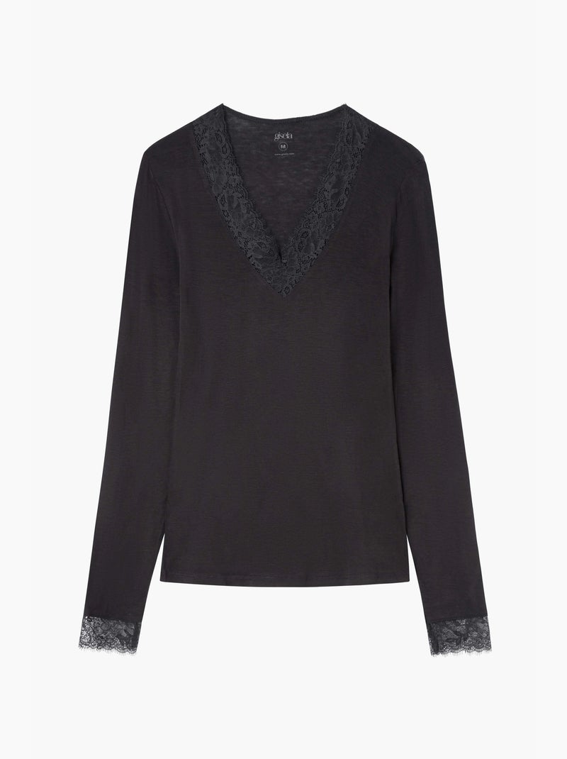Camiseta termal ligera de cuello pico con encaje cuello y puños Negro - Kiabi