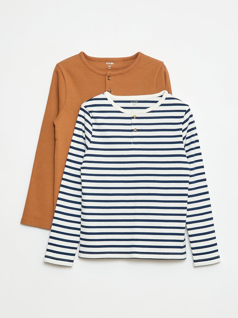 Camisetas de canalé de manga larga y cuello tunecino Azul - Kiabi