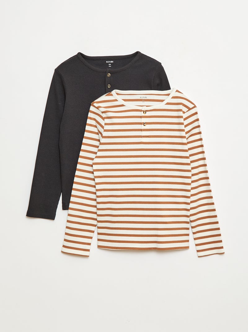 Camisetas de canalé de manga larga y cuello tunecino Marron - Kiabi