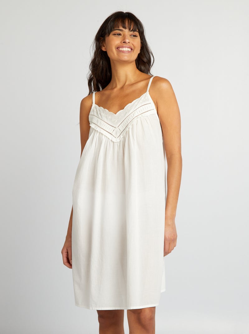 Camisón de gasa de algodón con bordados BLANCO - Kiabi