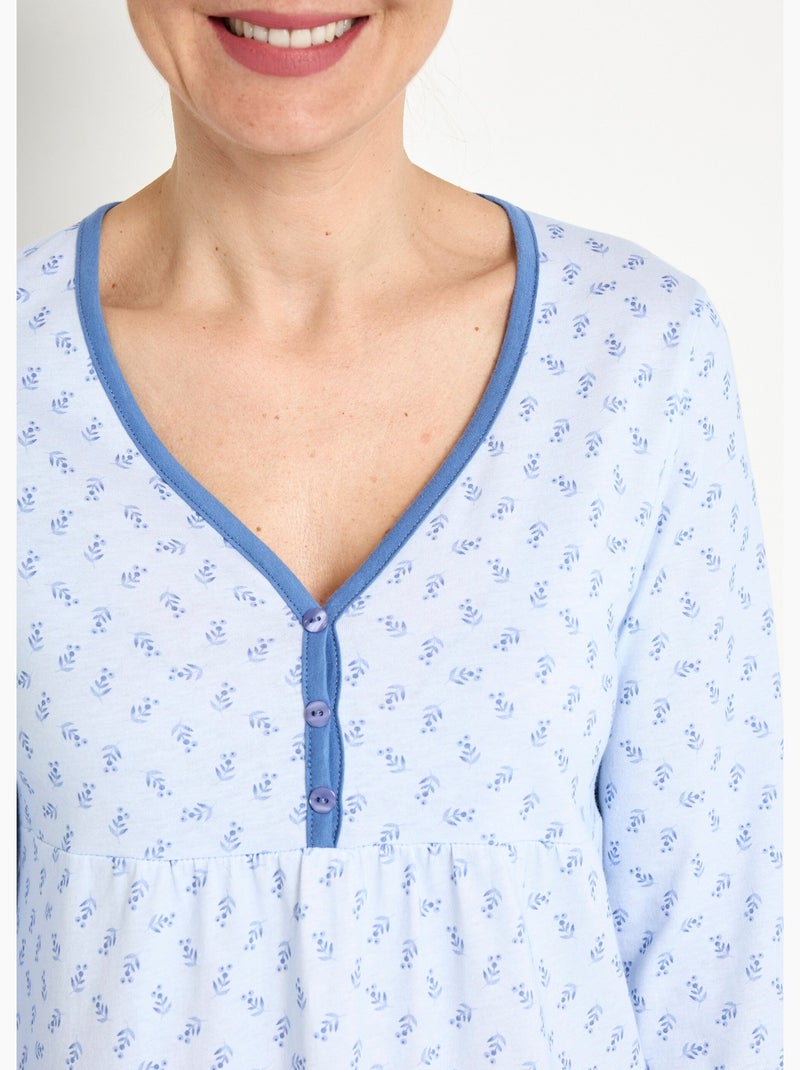 Camisón largo de algodón estampado manga 3/4 - Afibel Azul - Kiabi