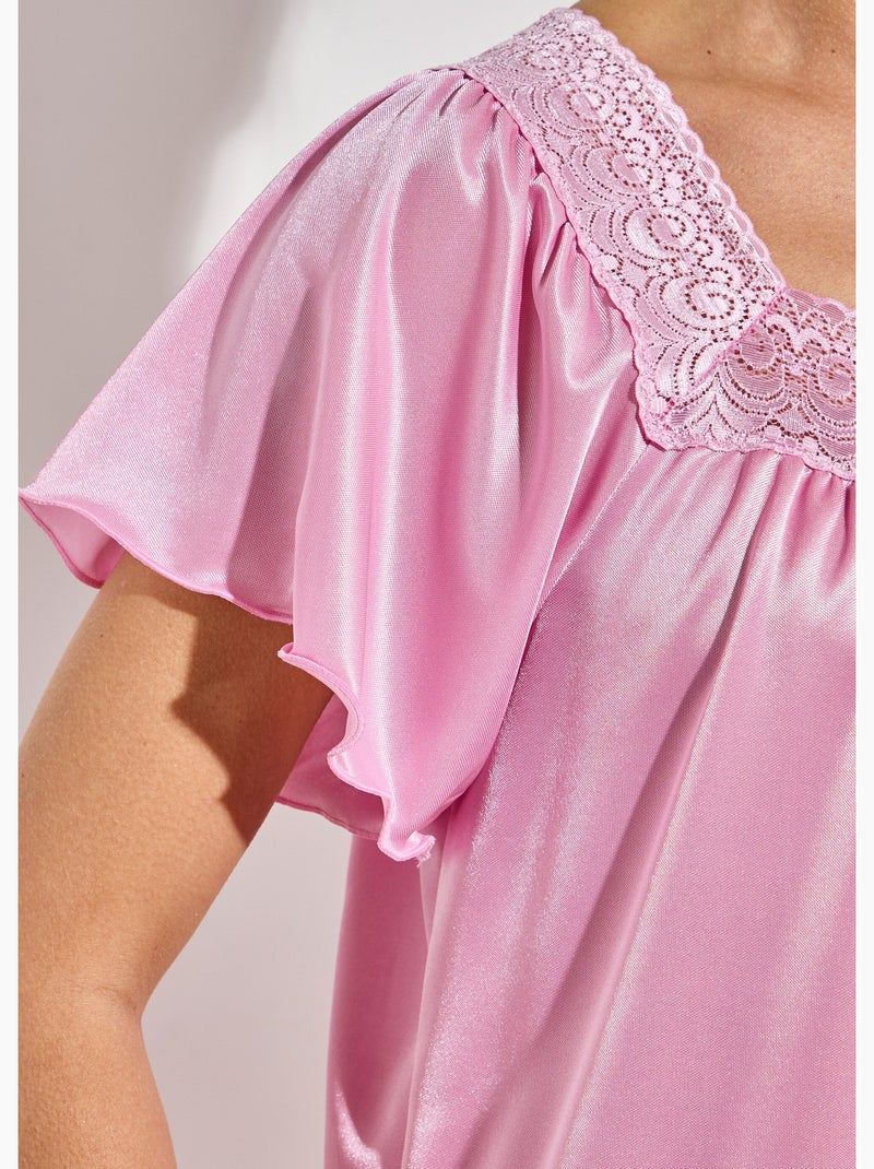 Camisón largo de raso de encaje antiestático - Afibel Rosa - Kiabi