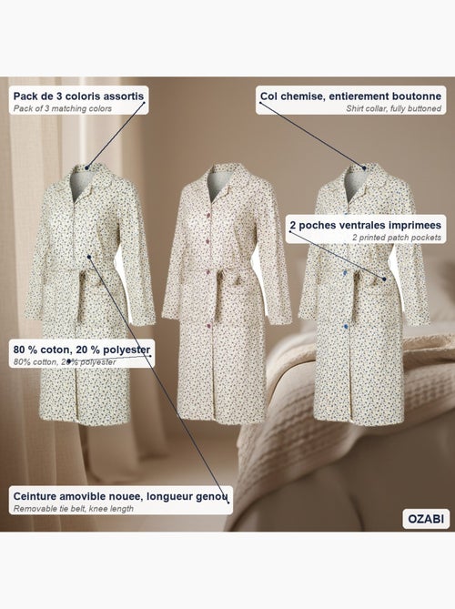 Camisón mujer ozabi pack de 3, algodón, cuello camisero abotonado - Kiabi Camisón mujer ozabi pack de 3, algodón, cuello camisero abotonado - Kiabi