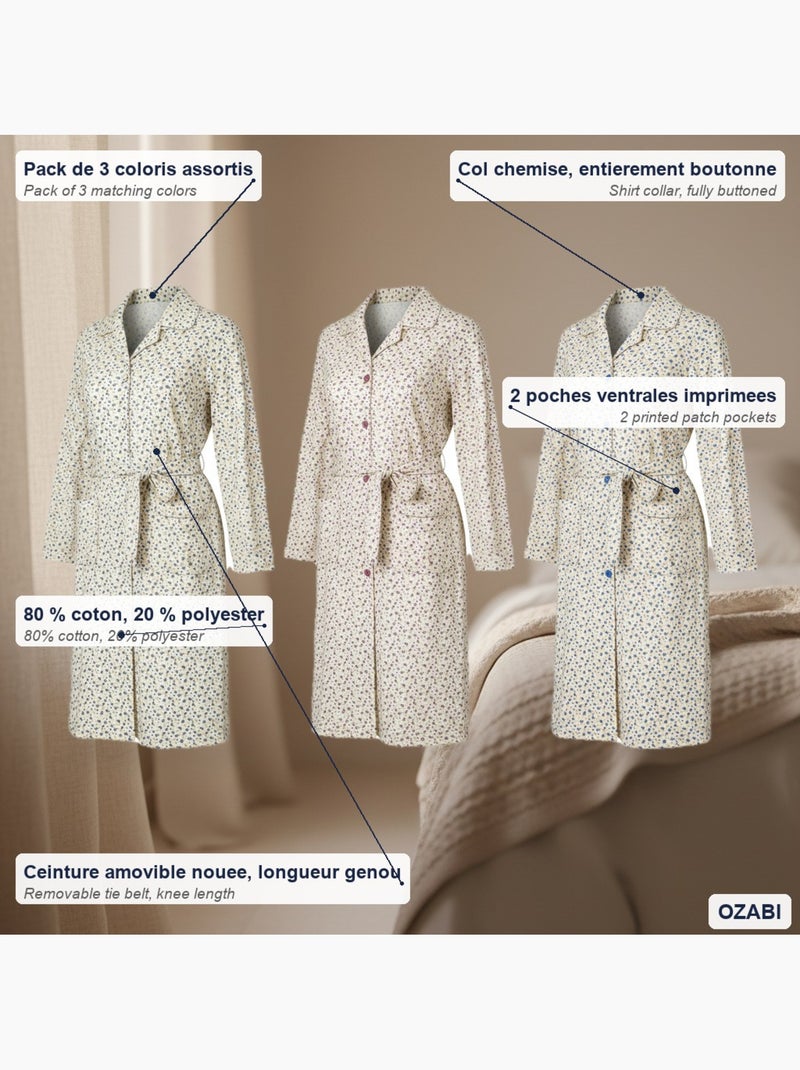 Camisón mujer ozabi pack de 3, algodón, cuello camisero abotonado Azul Violeta Gris - Kiabi