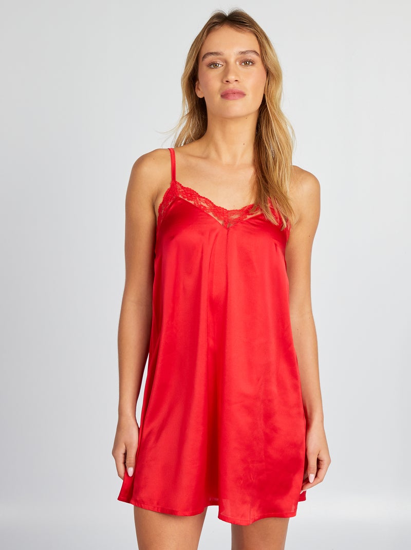 Camisón satinado con encaje ROJO - Kiabi