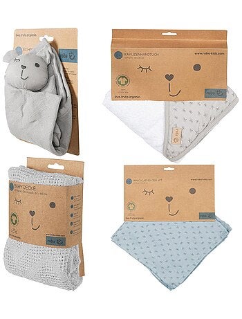 Capa de baño para bebé + 5 toallas pequeñas + toalla y peluche en algodón orgánico 'Roba lil planet'