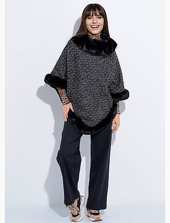 Capa poncho a cuadros con detalles de piel - AFIBEL