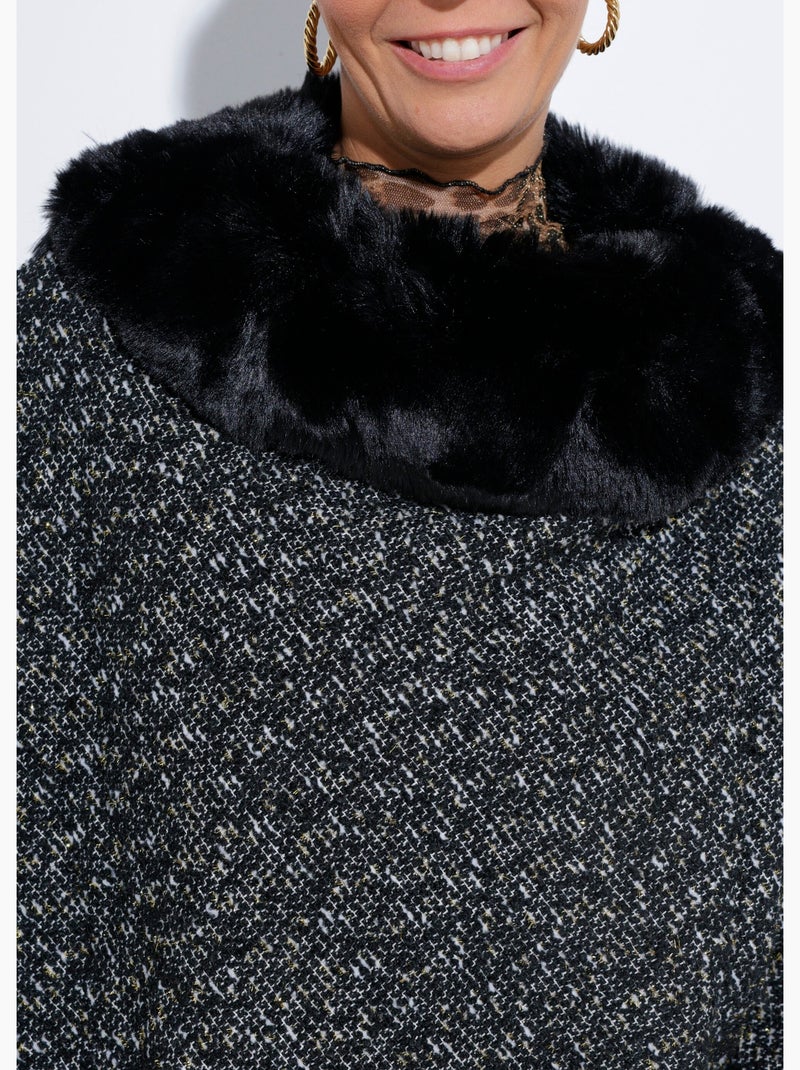 Capa poncho a cuadros con detalles de piel - AFIBEL Negro - Kiabi