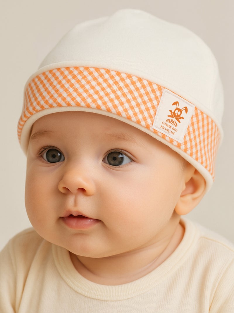 Capota de Nacimiento de Algodón Biológico Blanco y Vichy Naranja - Kiabi