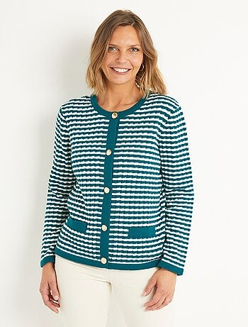 Cárdigan abotonado a rayas con cuello redondo y botones dorados - Afibel