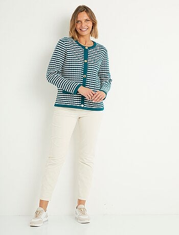Cárdigan abotonado a rayas con cuello redondo y botones dorados - Afibel