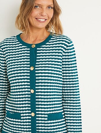 Cárdigan abotonado a rayas con cuello redondo y botones dorados - Afibel
