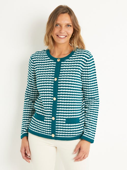 Cárdigan abotonado a rayas con cuello redondo y botones dorados - Afibel - Kiabi