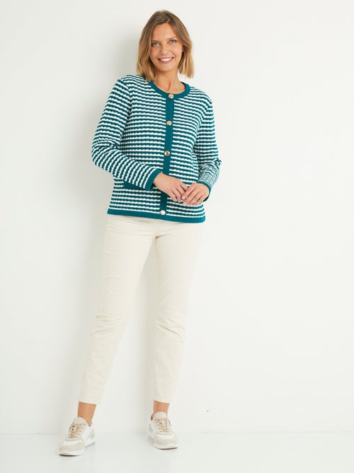 Cárdigan abotonado a rayas con cuello redondo y botones dorados - Afibel - Kiabi