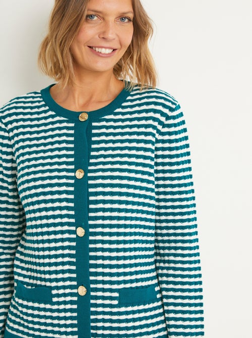 Cárdigan abotonado a rayas con cuello redondo y botones dorados - Afibel - Kiabi