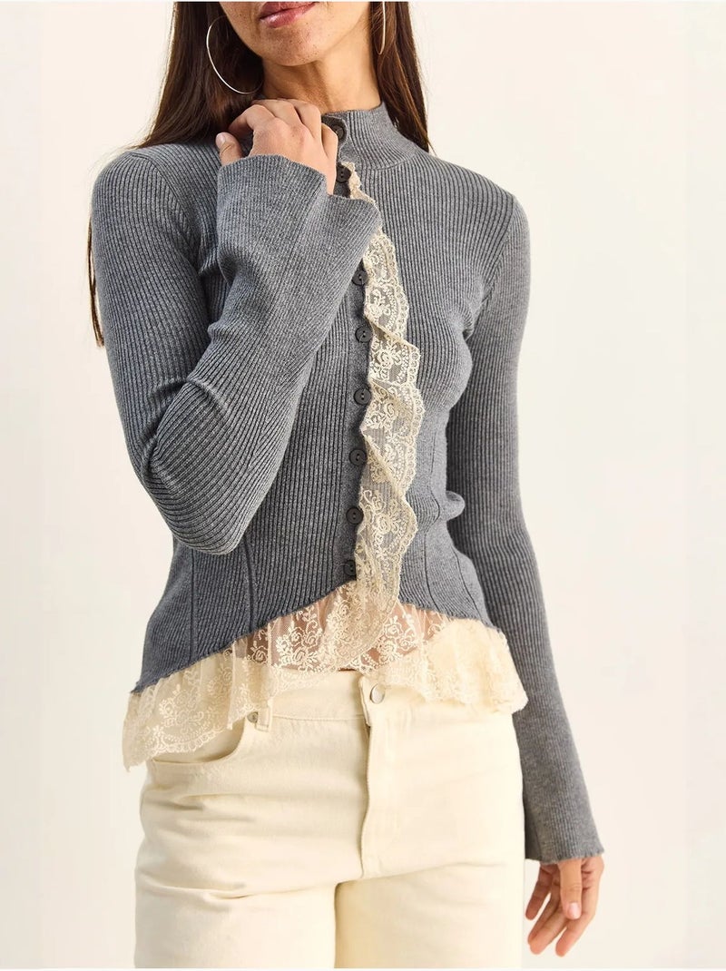 Cárdigan acanalado con medio cuello alto lucci Gris - Kiabi