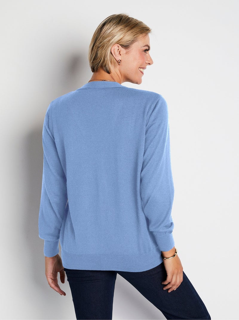Cárdigan con cuello de pico y botones de lana merino - Afibel Azul - Kiabi