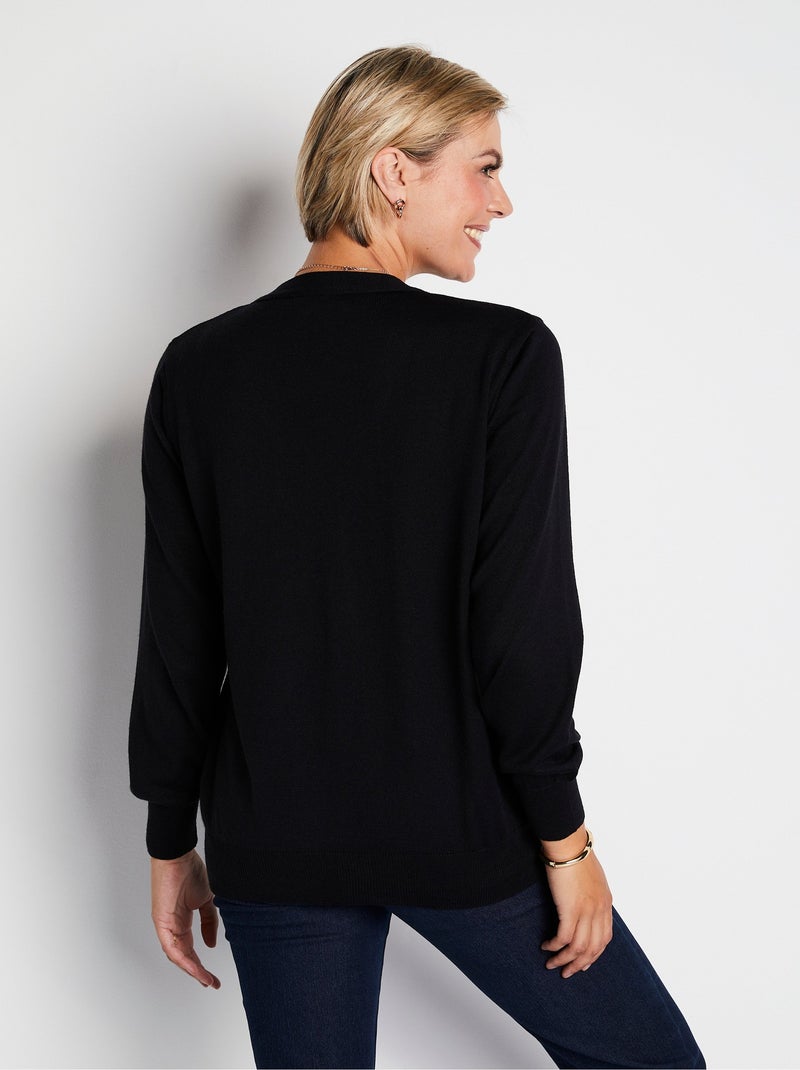 Cárdigan con cuello de pico y botones de lana merino - Afibel Negro - Kiabi