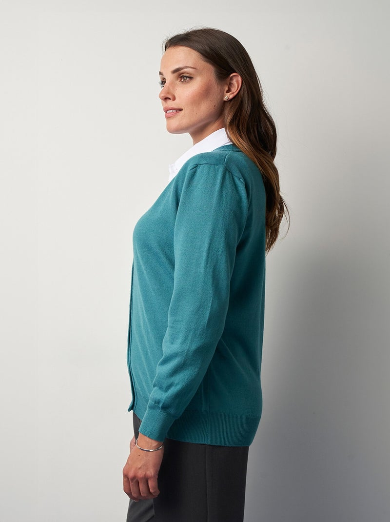 Cárdigan con cuello de pico y botones de lana merino - Afibel Verde esmeralda - Kiabi